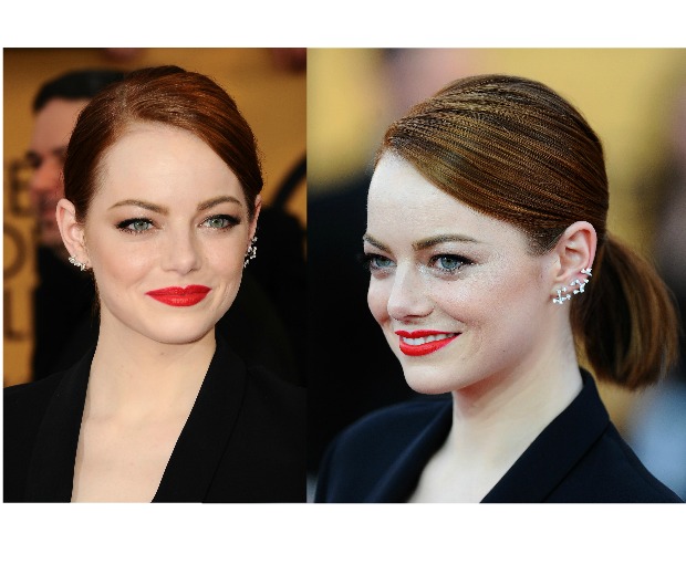 A standout lip and sleek hair look from Emma Stone