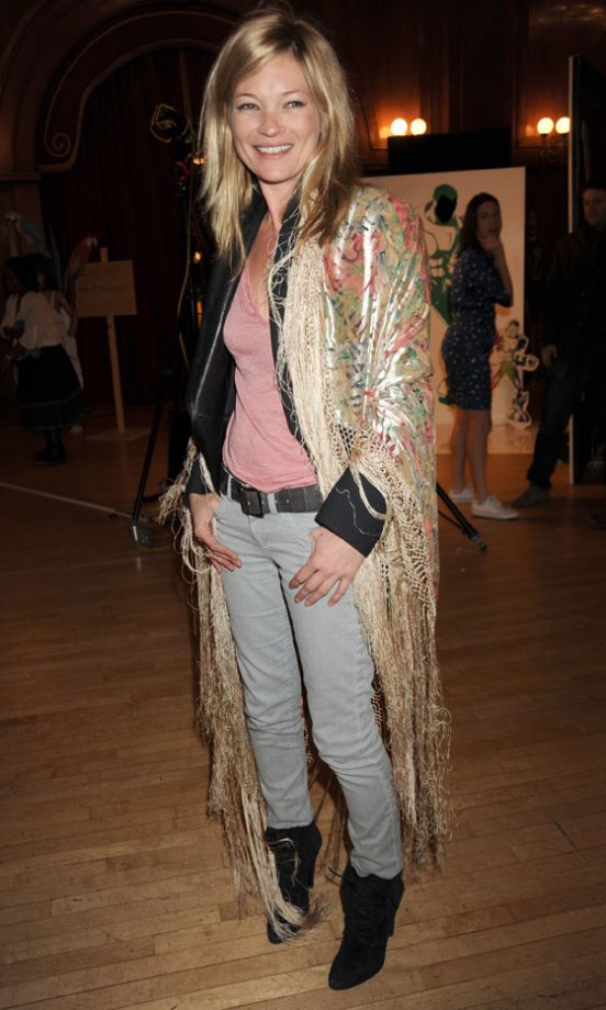 Kate Moss Looks Casually Cool Wearing A Fringed Kaftan And Black Ankle Boots, 2010