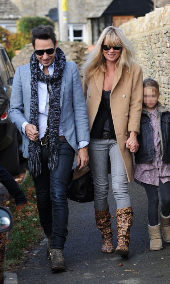 Kate Moss Teams A Camel Coat With Animal Print Boots For A Family Stroll, 2010