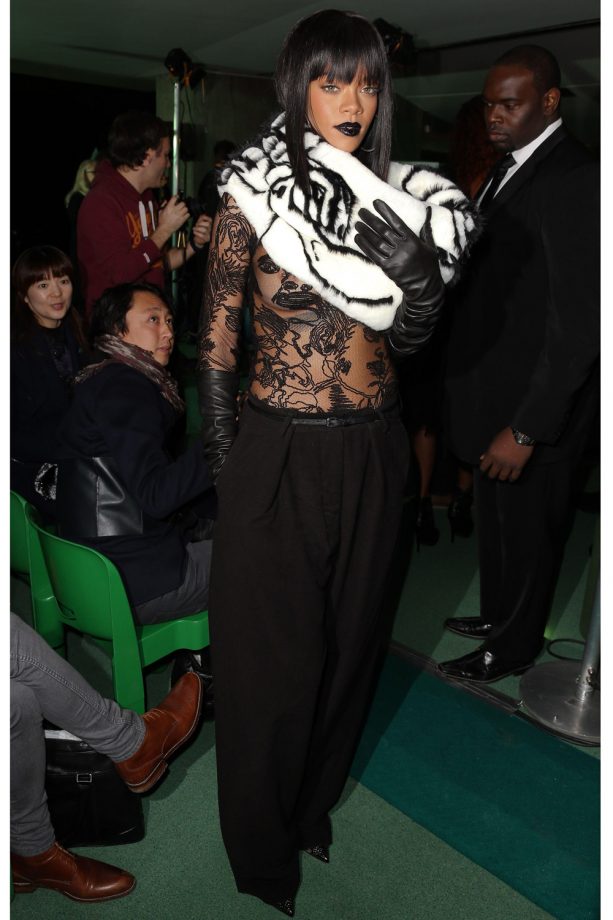 Rihanna Wears A Zebra Inspired Fur Scarf At Paris Fashion Week, 2014