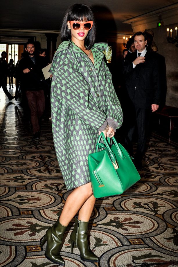 Rihanna Rocks A Green Geometric Coat At Paris Fashion Week, 2014