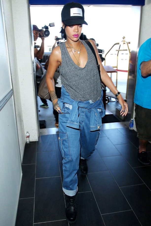 Rihanna Spotted In Denim Boiler Suit At LAX Airport, 2014