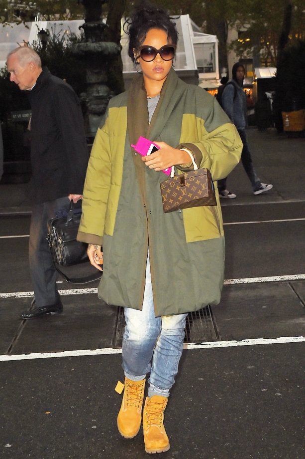 Rihanna Rocks A Colour Block Coat Out And About In New York, 2014