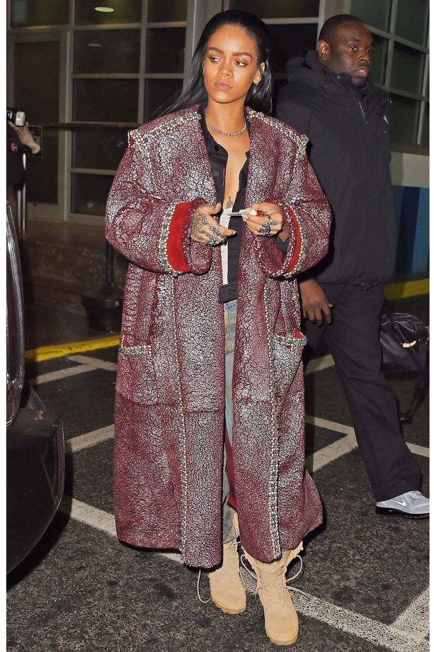 Rihanna Goes Glam In A Red Beaded Coat Out And About In New York, 2014