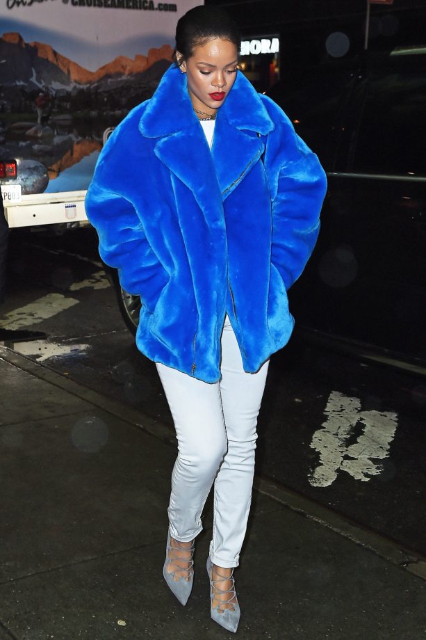 Rihanna All Wrapped Up In A Blue Faux Fur Coat Out And About In New York, 2014