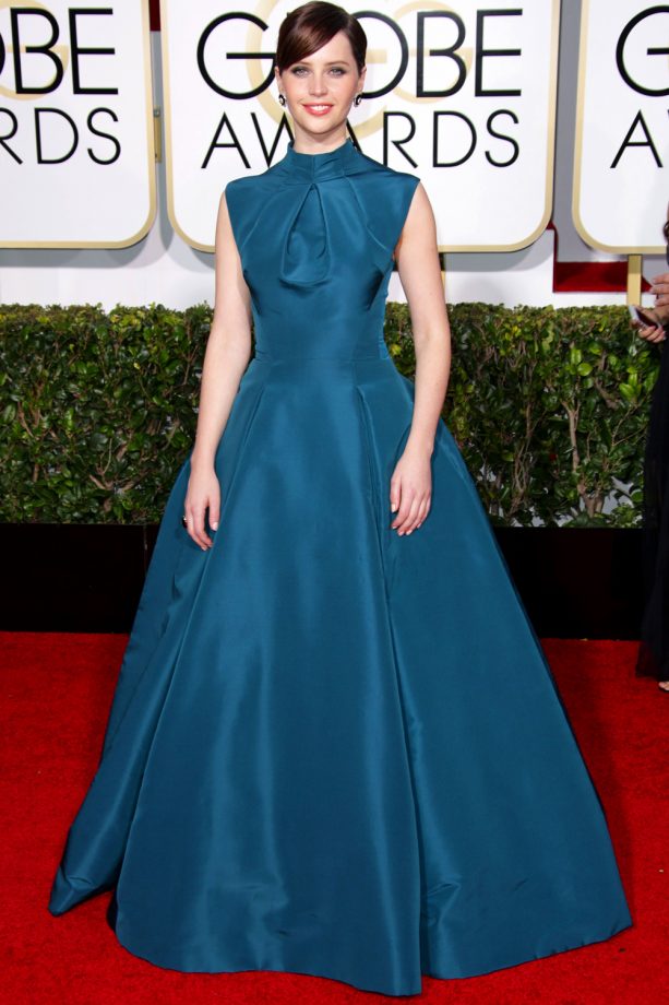 Felicity Jones Wears Van Cleef & Arpels Jewels At The Golden Globe Awards, 2015