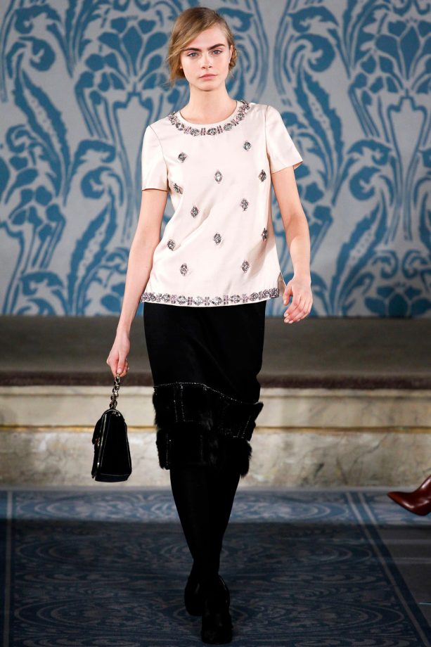 Cara Delevingne In A Cream Jewelled Top For Tory Burch During New York Fashion Week, 2013