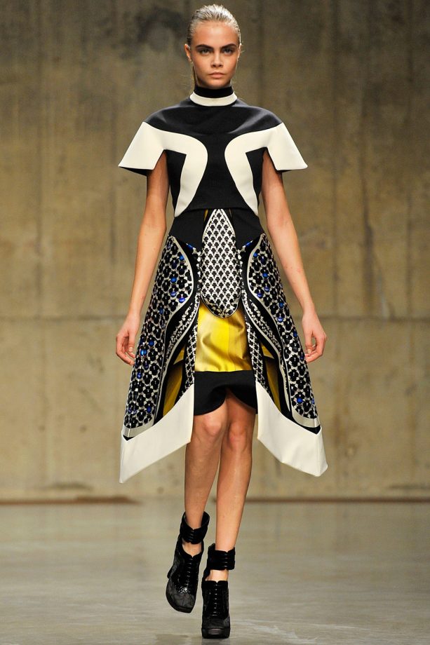 Cara Delevingne Wears A Monochrome Structured Dress For Peter Pilotto During London Fashion Week, 2013