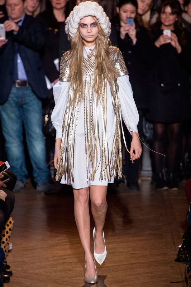 Cara Delevingne In Gold Tassels For Giles During London Fashion Week, 2013