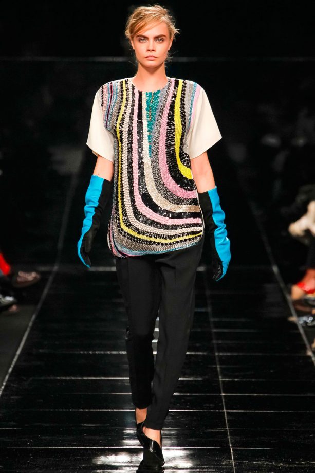 Cara Delevingne In A Colourful Sequinned Top For Iceberg During Milan Fashion Week, 2013
