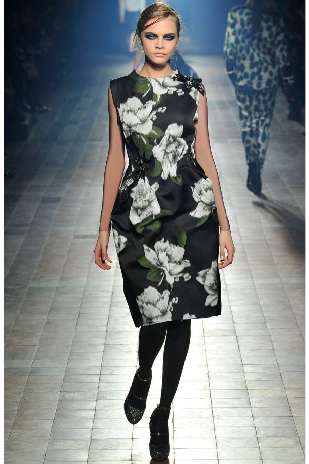 Cara Delevingne Wears A Floral Dress At The Lanvin Show During Paris Fashion Week, 2013