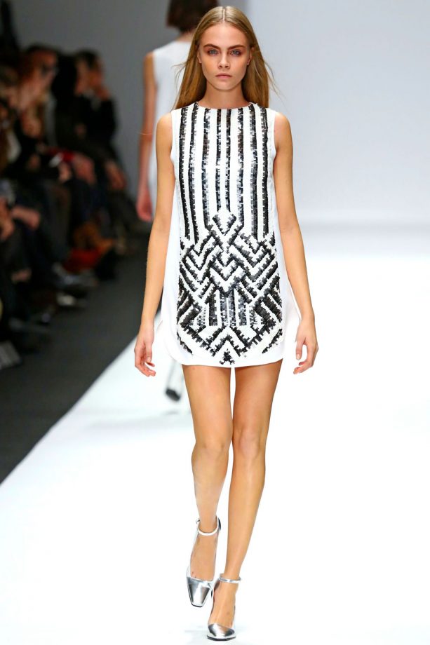Cara Delevingne Model Monochrome Sequins For Vanessa Bruno During Paris Fashion Week, 2013