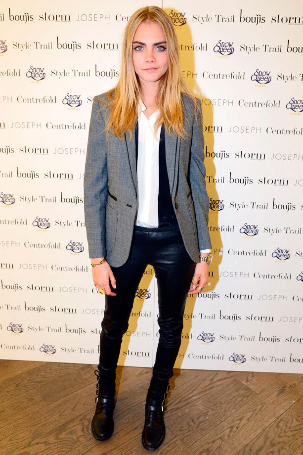 Cara Delevingne In A Grey Blazer And Wet Look Leggings At An Event In London, 2013