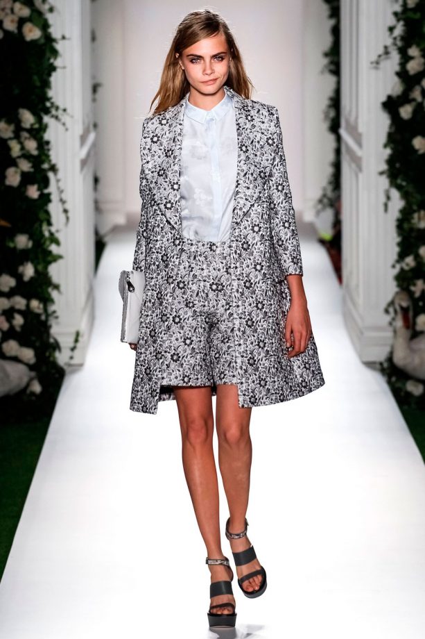 Cara Delevingne Wears Matching Shorts And Jacket On The Mulberry Catwalk During London Fashion Week, 2013