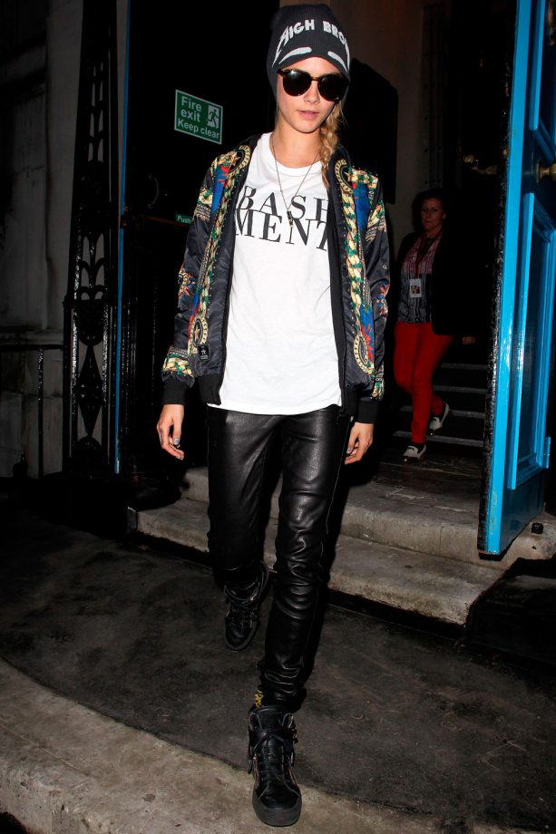 Cara Delevingne In A Patterned Leather Jacket Out And About In London, 2013