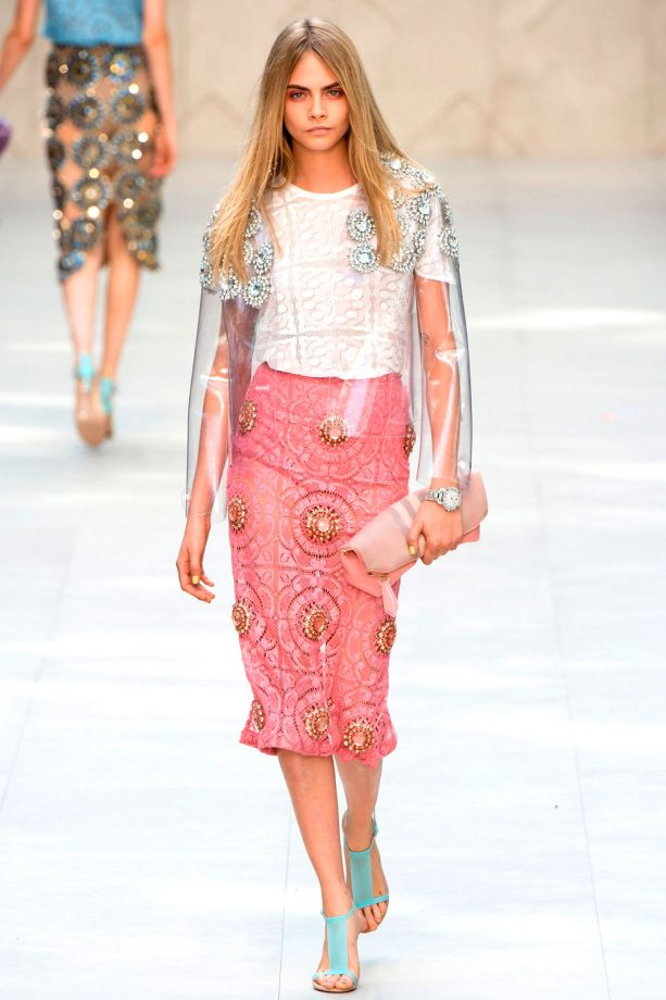 Cara Delevingne In Embellished Pastels On The Catwalk For Burberry Prorsum During London Fashion Week, 2013