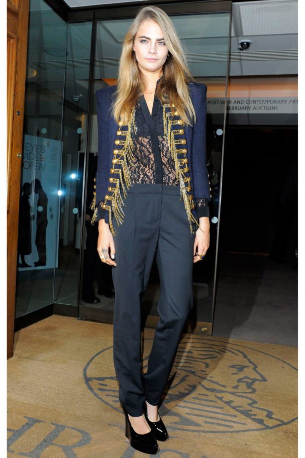 Cara Delevingne Is On Trend In This Navy And Gold Military Blazer Out And About In London, 2014