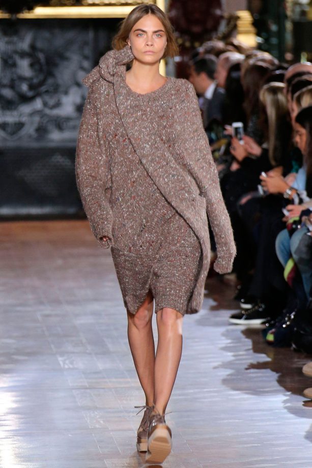 Cara Delevingne On The Catwalk In A Jumper Dress For Stella McCartney During Paris Fashion Week, 2014