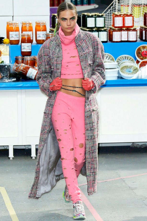 Cara Delevingne Hits Chanel's Catwalk In A Plaid Textured Coat During Paris Fashion Week, 2014