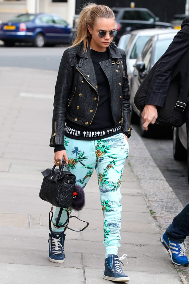 Cara Delevingne In Pinapple Print Trousers Out And About In London, 2014