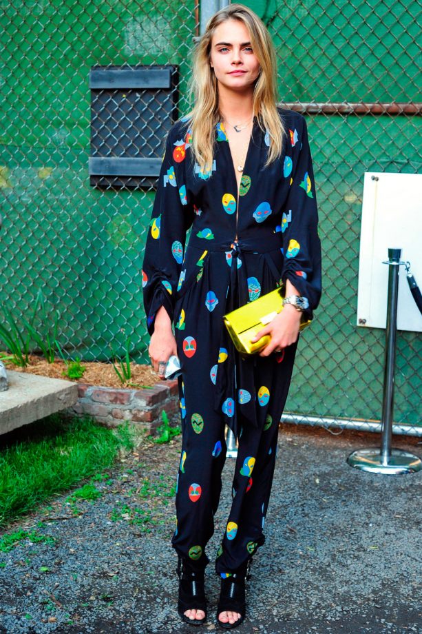 Cara Delevingne Stands Out In Colourful Alien Print Jumpsuit Out And About In New York, 2014