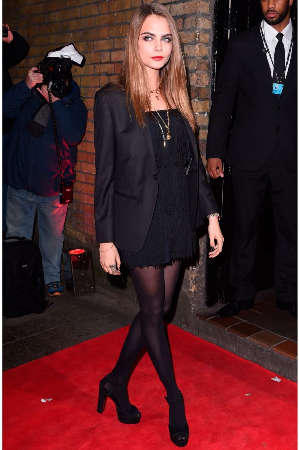 Cara Delevingne Parties In London In Black Tassel Mini Dress, 2015