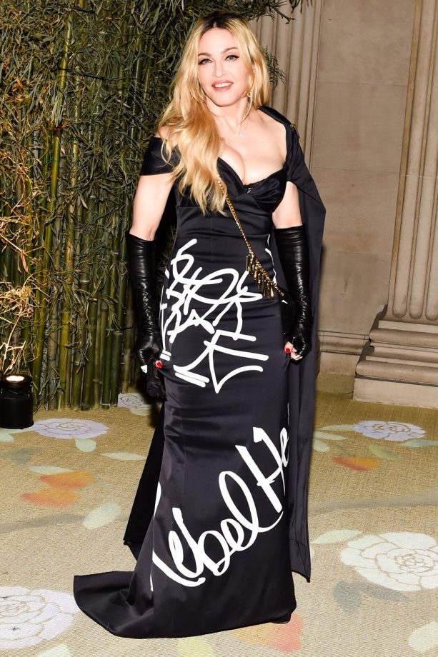 Madonna Wears A Moschino Slogan Dress With 'Rebel Heart' On To The Met Gala, 2015