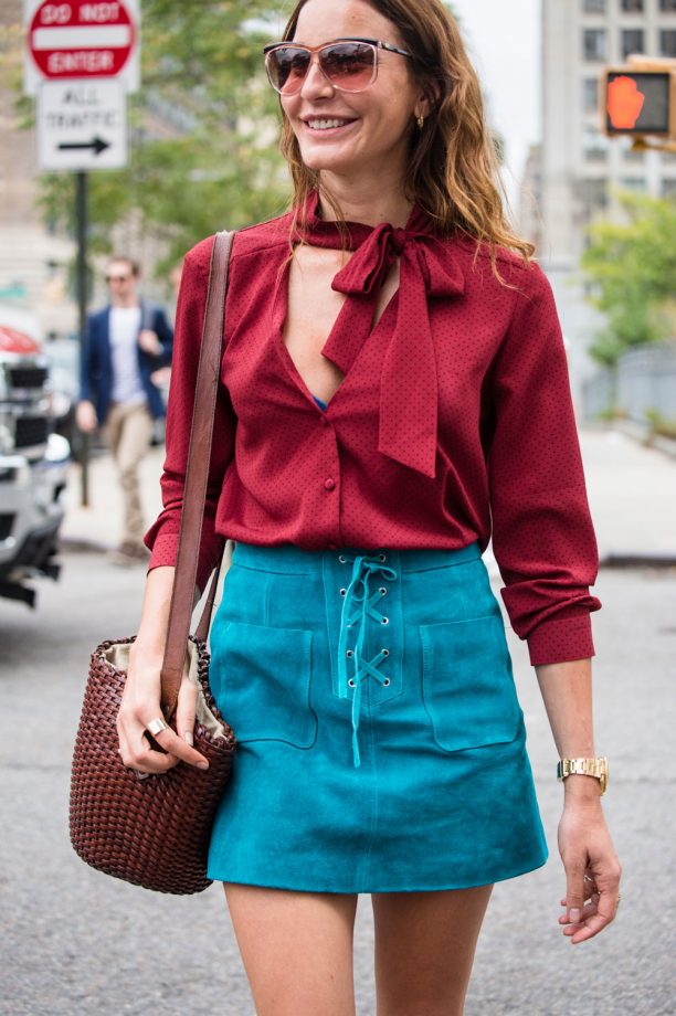 A Burgundy Pussybow Blouse Provides The Perfect Companion To This Super Seventies Topshop Skirt