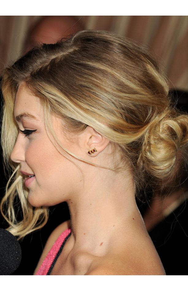 Gigi Hadid's Loose Bundled Bun At The Daily Front Row Fashion Awards, Los Angeles, January 2015