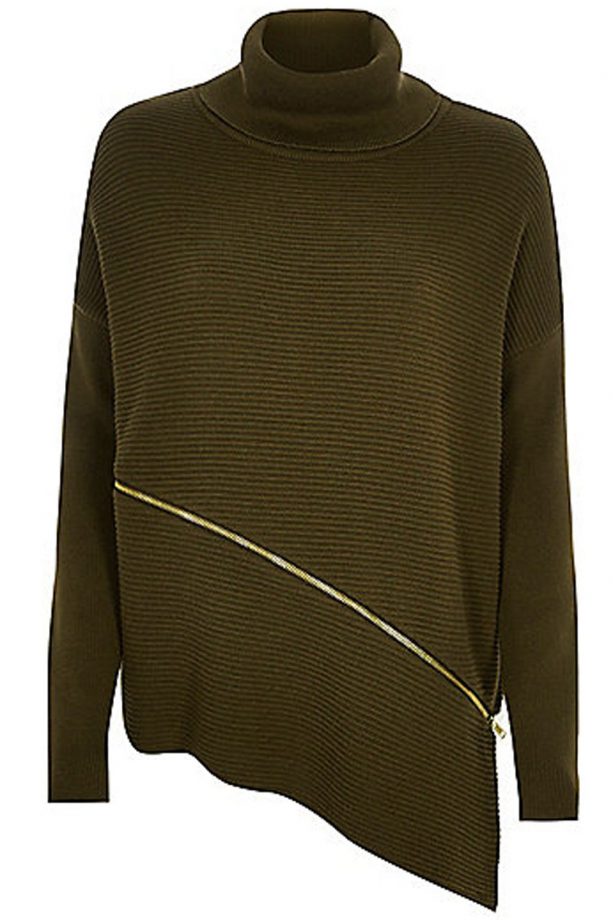 River Island Dark Green Ribbed Zip Roll Neck Jumper, £38