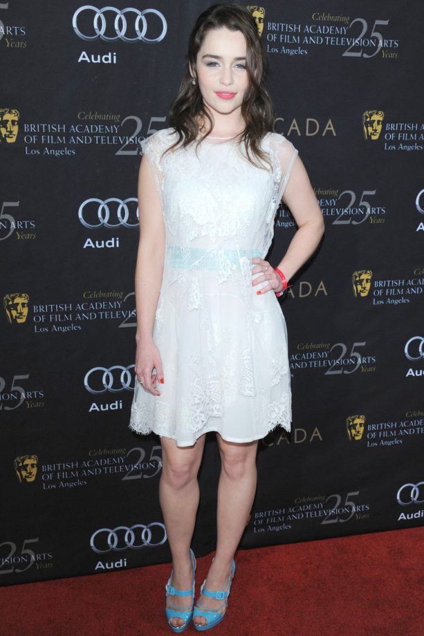 Emilia Clarke In A Cream Lace Shift Dress At The Bafta Party, 2012