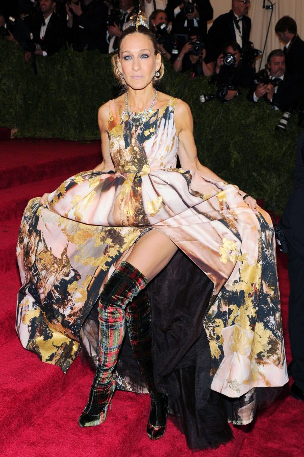 Sarah Jessica Parker Shows Her Fun Side In A Giles Deacon Dress And Thigh High Velvet Boots At A Gala Benefit In New York, 2013