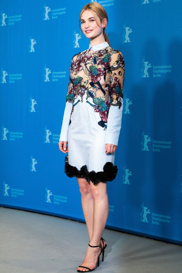 Lily James In Mary Katrantzou At A 'Cinderella' Photocall In Berlin, 2015