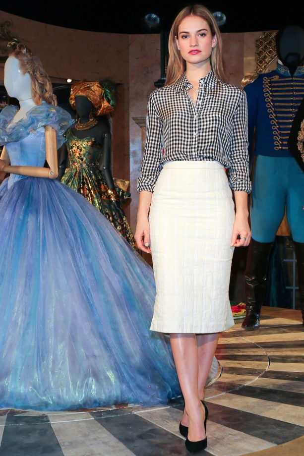 Lily James Wears A Checked Shirt To Attend The 'Cinderella' Film Exhibition In London, 2015
