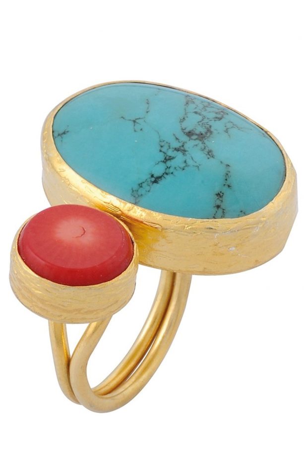Turquoise And Coral Gold Plated Silver Ring, £42