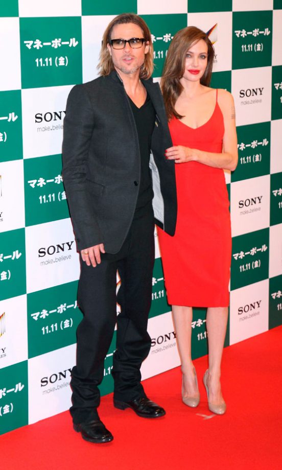 Angelina Jolie Wows In Red As She Joins Her Super Stylish Man Brad Pitt For The Japanese Premiere Of His Film Moneyball, November 2011