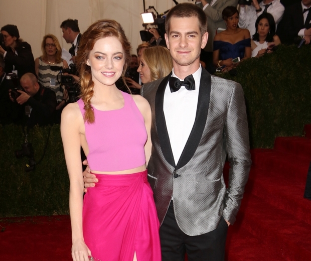 Emma Stone in pink dress and Andrew Garfield