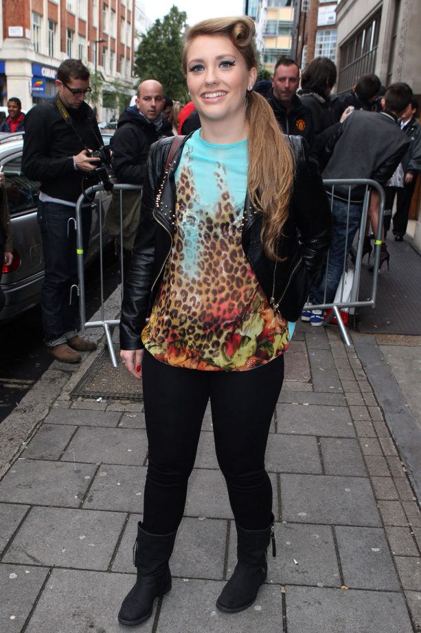 Ella Henderson Is Casual In A Studded Biker Jacket Over A Coloured Leopard Print Top To The Radio One Studios, 2012