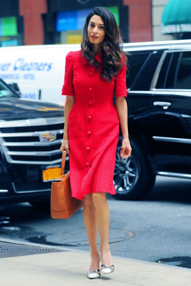 Amal Clooney Sporting A Scarlet D&G Shirt Dress In New York, 2015