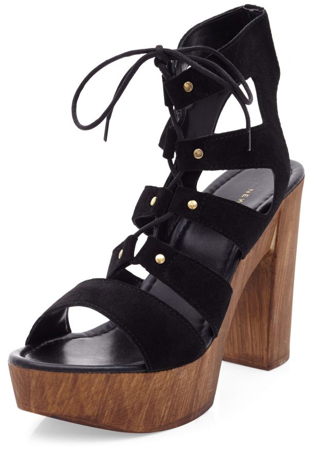Black Suede Lace Up Wooden Platform Sandals, £44.99
