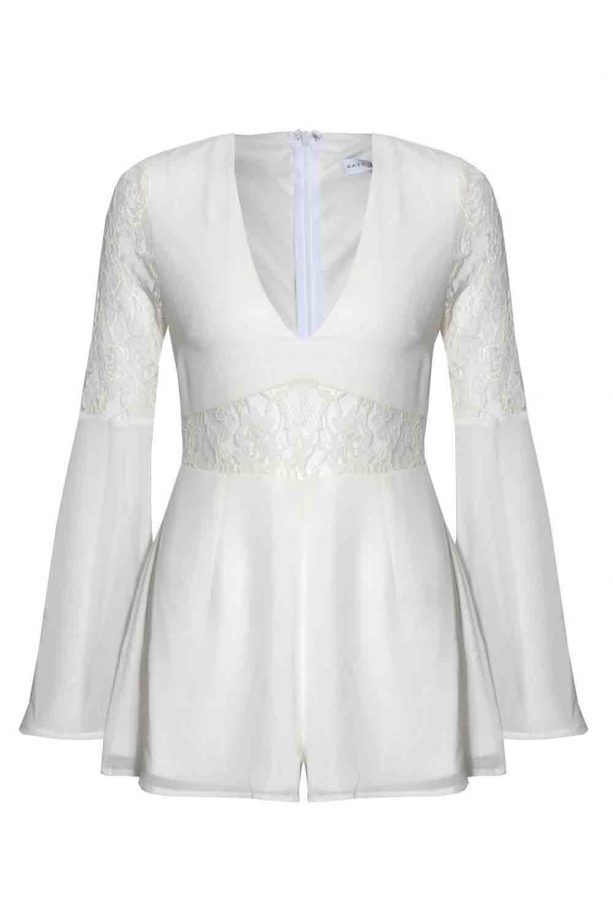White Flared Sleeve Lace Panel Playsuit, £42