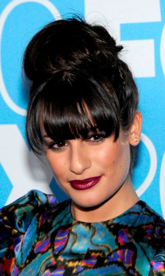 Lea Michelle Teams Her Topknot Hairstyle With An Eye Skimming Fringe, 2010