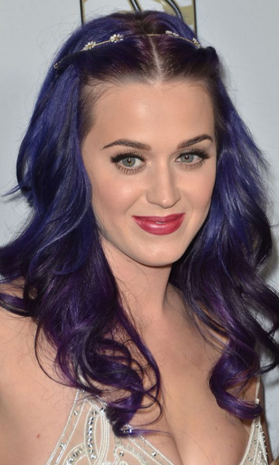 Festival Hairstyle: Katy Perry Teamed Her Dark Purple Hair With A Delicate Floral Band, 2012
