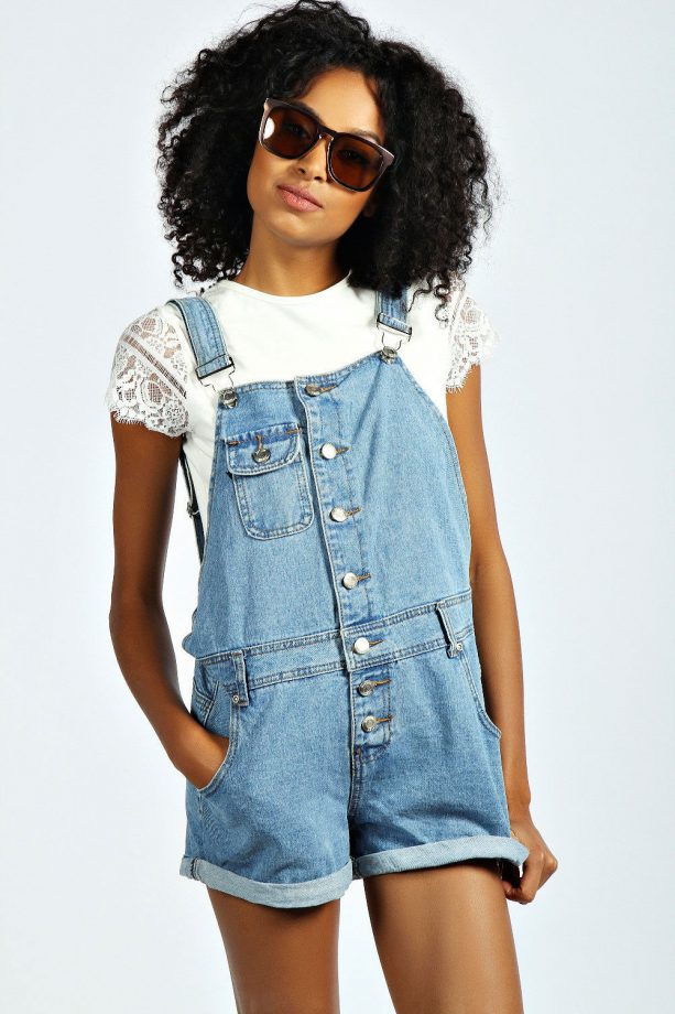 Blue Acid Wash Button Up Short Denim Dungarees, £21.99