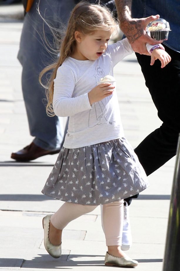Harper Beckham Rocking A Skirt And Leggings Combo With A Side Braid, 2015