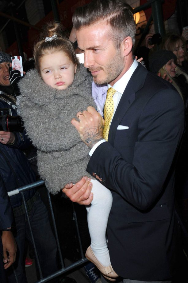 Harper Beckham Looking Winter Ready With A Grey Wool Coat And A Top Knot To Match, 2014