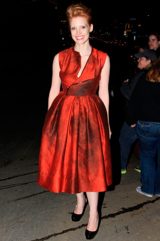 Jessica Chastain Is All Smiles In A Red Satin Midi Dress Out And About In LA, 2011