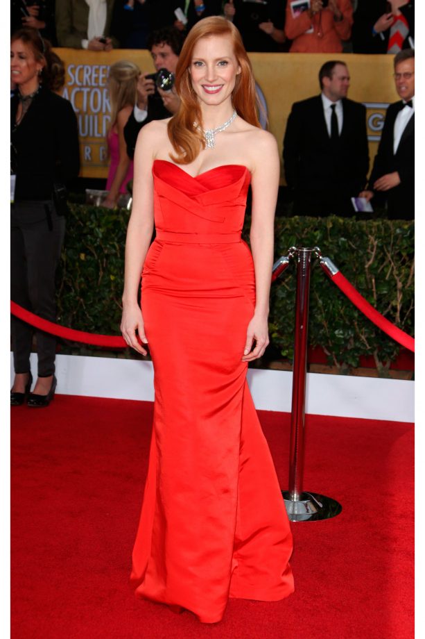 Jessica Chastain Wears A Satin Alexander McQueen Dress To The Screen Actors Guild Awards, 2013