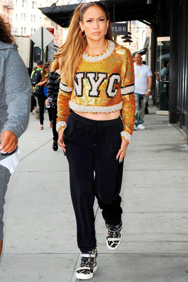 Jennifer Lopez Wears A Gold Sequinned Ashish Jumper Out And About In New York, 2014