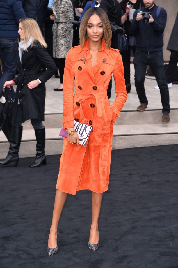 Jourdan Dunn Wearing Orange Suede Trench At Burberry, 2015
